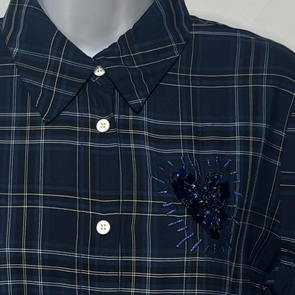 Desigual Navy, Black and‎ White Asymmetrical Button Down Plaid Dress Size Medium - Picture 4 of 11